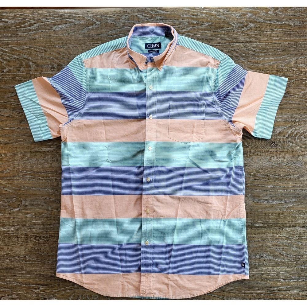 Chaps Men Large Easy Care Striped Short Sleeve Button Down Shirt Blue Green Pink